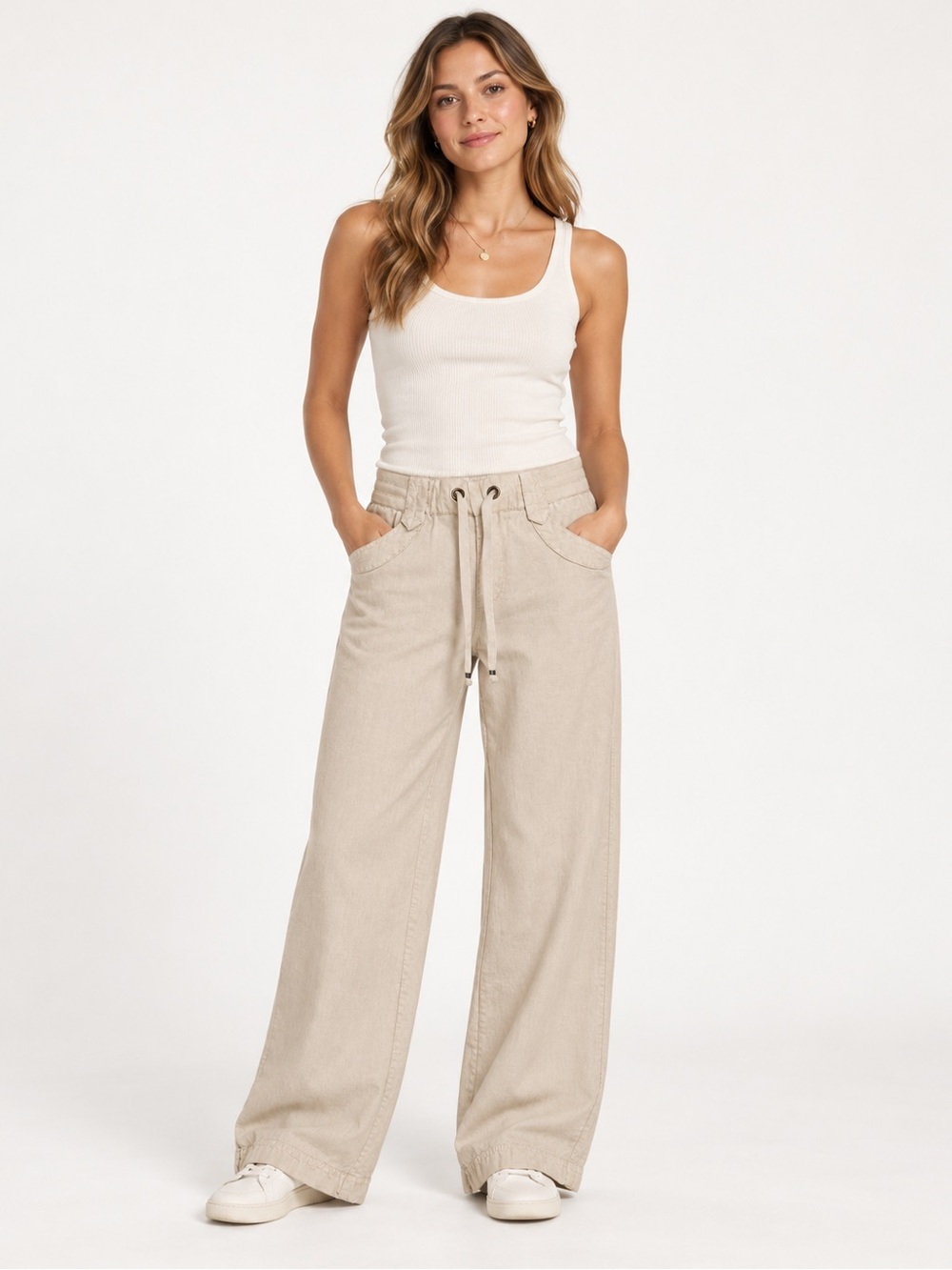Guess Women’s Beige 100% Linen Wide Leg Drawstring Pants Size S/P